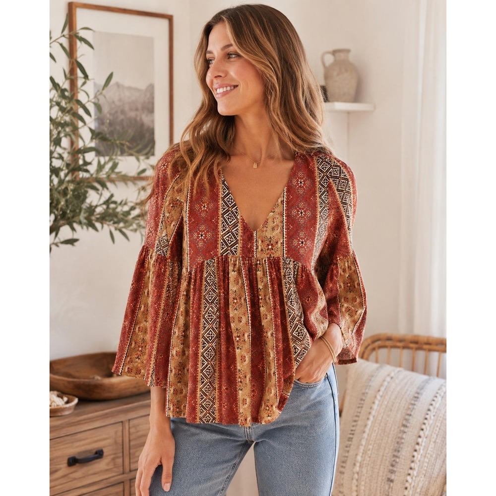 Boho V-Neck Peasant Blouse - Rust Multi